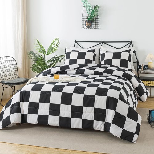 Caressma Black White Plaid Comforter Set King Size, Buffalo Check Plaid Comforter Bedding Set for All Seasons, Farmhouse Soft Microfiber Comforter with Pillowshams