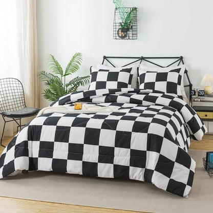 Caressma Black White Plaid Comforter Set King Size, Buffalo Check Plaid Comforter Bedding Set for All Seasons, Farmhouse Soft Microfiber Comforter with Pillowshams