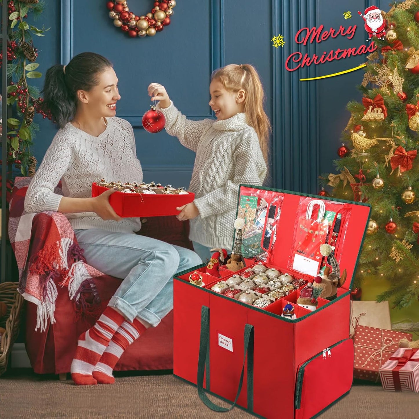 Skiennix Premium 2-in-1 Christmas Ornament Storage Box - Holds 73 Ornaments, Adjustable Dividers, Foldable Design