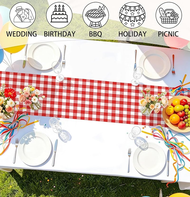 6 Pcs Red Gingham Table Runner – Disposable Plastic 14x108in, 6 Count, Variation: Red Gingham Table Runner+6 PCS