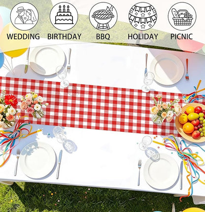 6 Pcs Red Gingham Table Runner – Disposable Plastic 14x108in, 6 Count, Variation: Red Gingham Table Runner+6 PCS