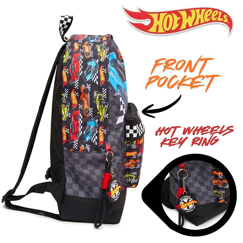 Hot Wheels Kids Backpack - Black, Large Car Theme with Drinks Holder
