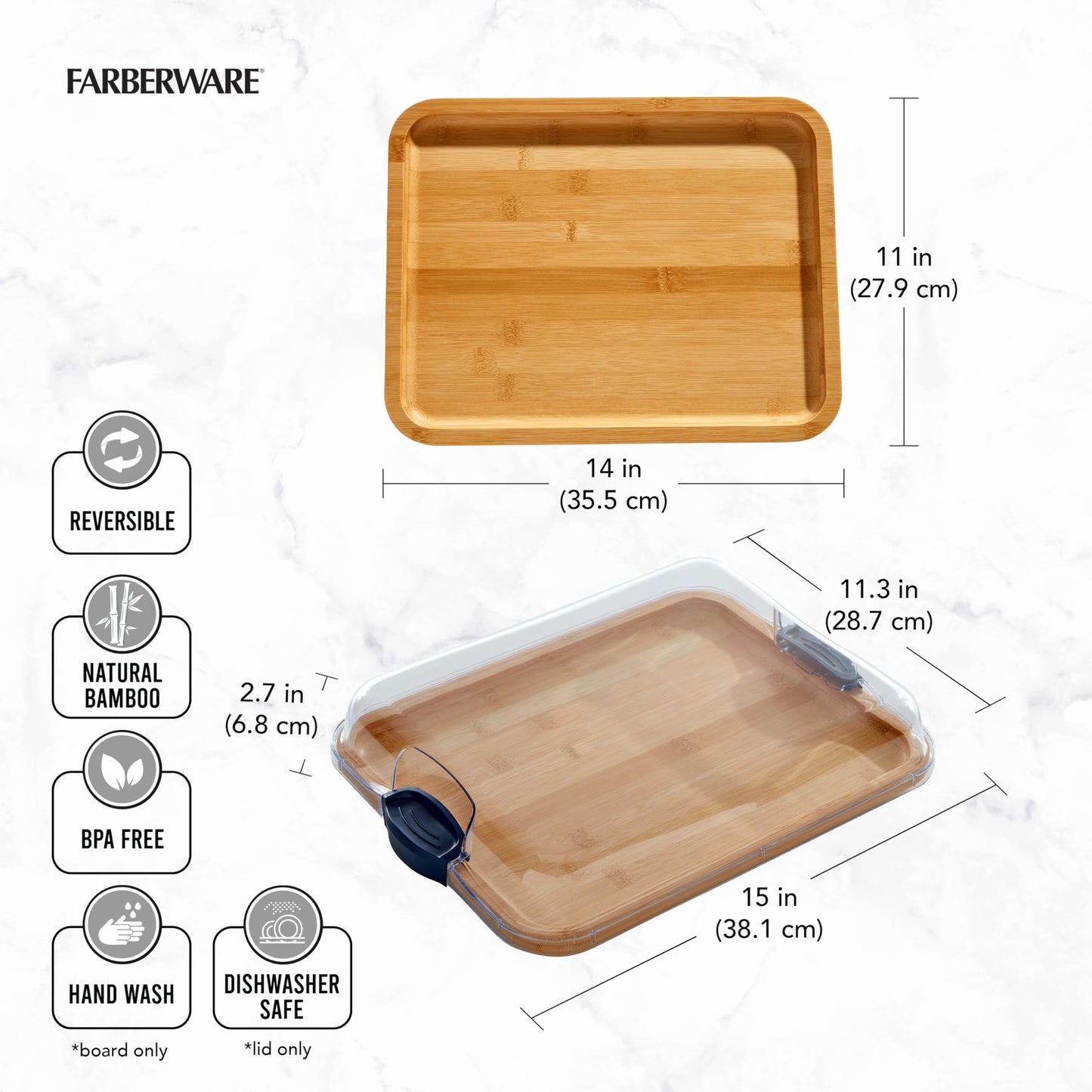 Farberware Build-A-Board Bamboo Cutting Board with Built-in Compartments and Clear Locking Lid with Navy Handles, Perfect for Charcuterie, Snacks, and More - Make it. Take it. Enjoy it, 11x14 Inches