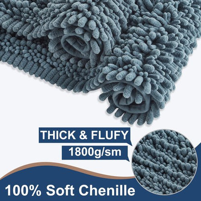 Luxury Chenille Dusty Blue Bathroom Rugs Sets 2 Piece, Thickened Hot Melt Rubber Bottom Bath Mats for Bathroom Non Slip,Bath Rugs Quick Dry Machine Washable for Shower Mat (47"x17"+17"x24")