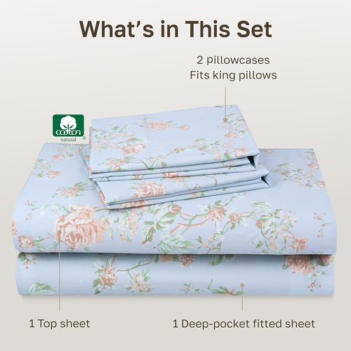 California Design Den King Size Bed Sheets Set - 400 TC Award-Winning Soft Cotton, Smooth Sateen Finish, Deep Pockets - Floral Blue/Pink