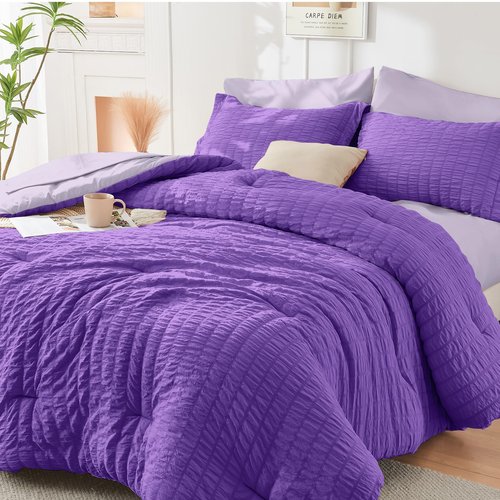 HYMOKEGE Dark Purple/Lavender Queen Comforter Set Seersucker 7 Pieces, All Season Luxury Bed in a Bag Queen for Bedroom, Bedding Set with Comforter, Sheets, Pillowcases & Shams