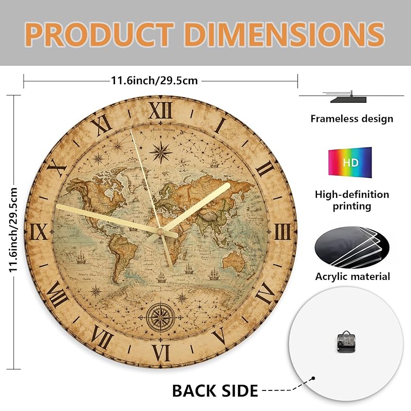 World Map Wall Clock - Vintage Rustic Compass, 11.6x11.6 in, Brown, Silent Non-Ticking