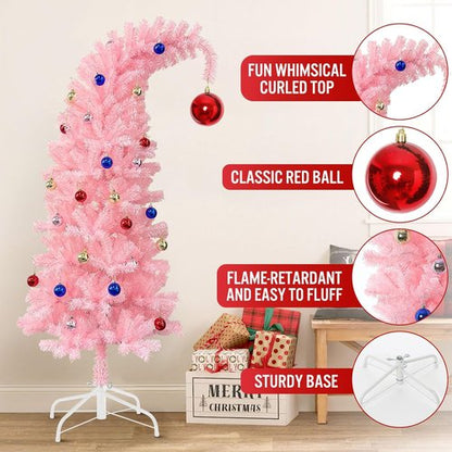 Hatisan 5FT Artificial Pink Christmas Tree - Bent Design with Ball Ornaments & Metal Base for Holiday Decor