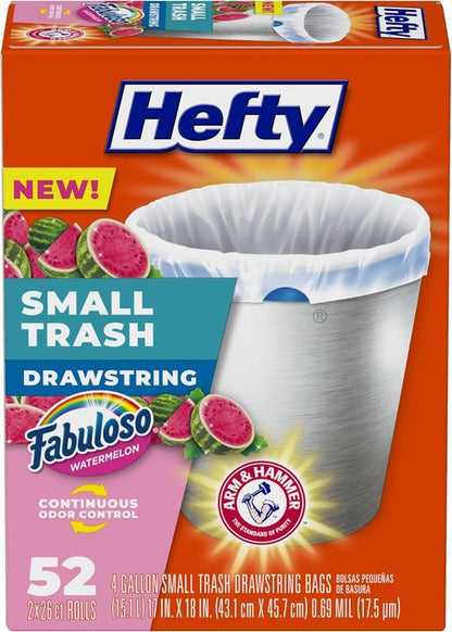 Hefty Small Trash Bags - Watermelon Scented, 4 Gallon Size, 52 Count for Odor Control