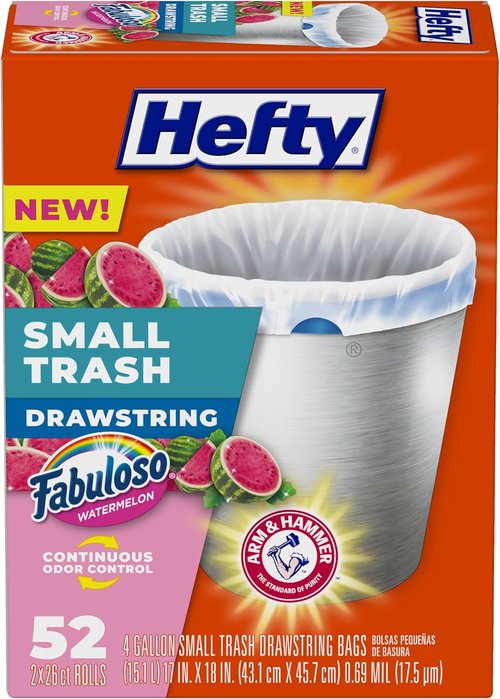 Hefty Small Trash Bags - Watermelon Scented, 4 Gallon Size, 52 Count for Odor Control