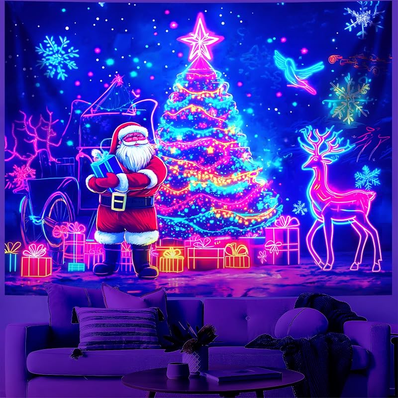 Merry Christmas Blacklight Tapestry – UV Reactive Wall Hanging, 79" x 59" Tree Design