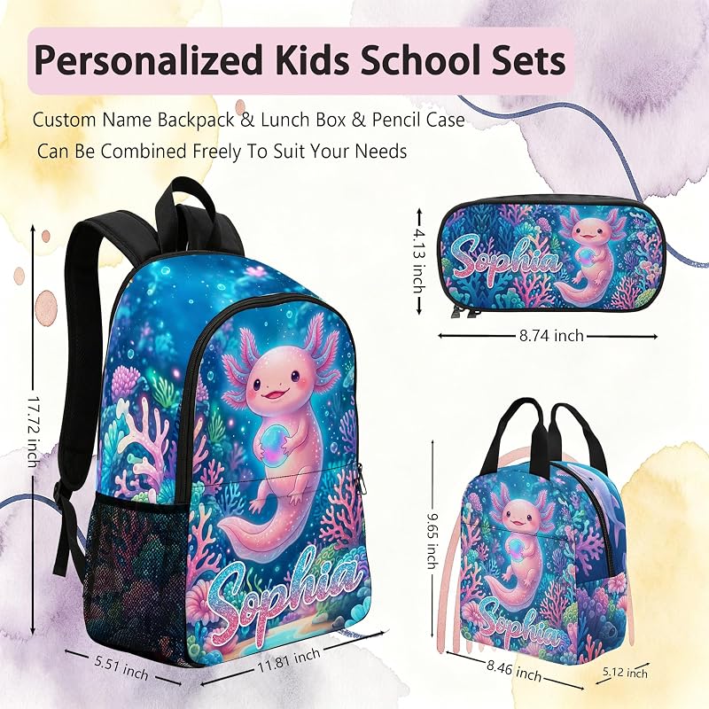 Personalized Axolotl Kids Backpack - Custom Name School Bag for Girls & Boys (Axolotl-04)