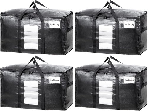 **TAILI Extra Large Heavy Duty Moving Bags - 4 Pack Black Totes with Visible Window & Wrap Around Handles**