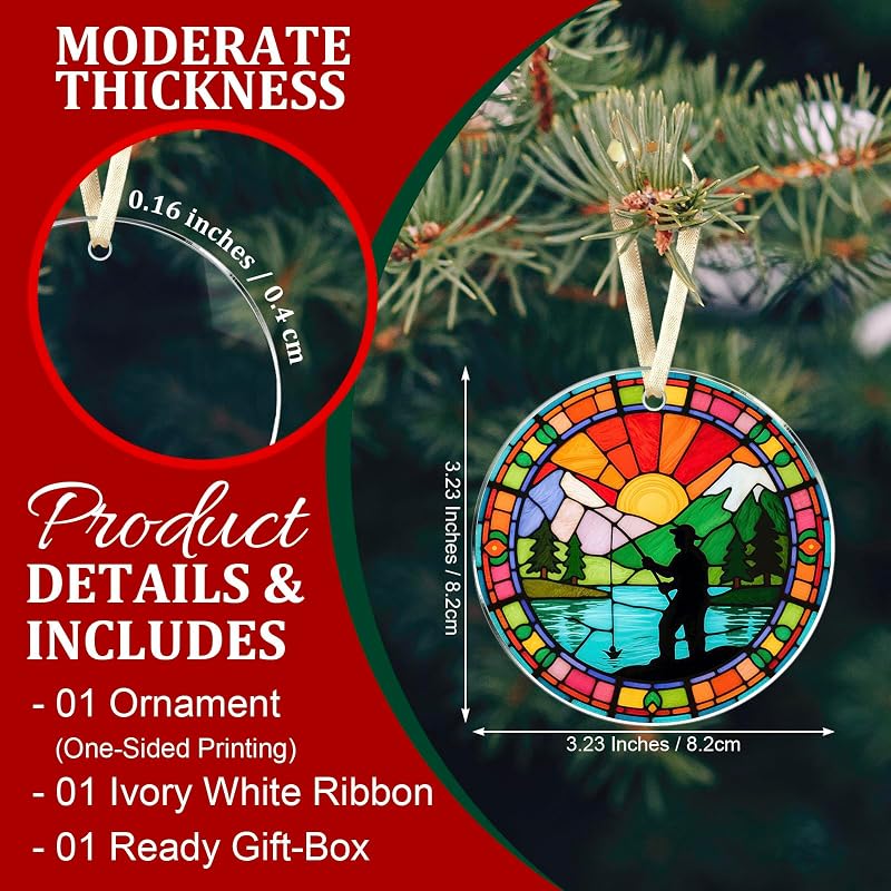 Fishing Ornament for Christmas Tree - Fisherman Acrylic Gift 3.23" with Gold Ribbon (Variation: 08 Fishing)