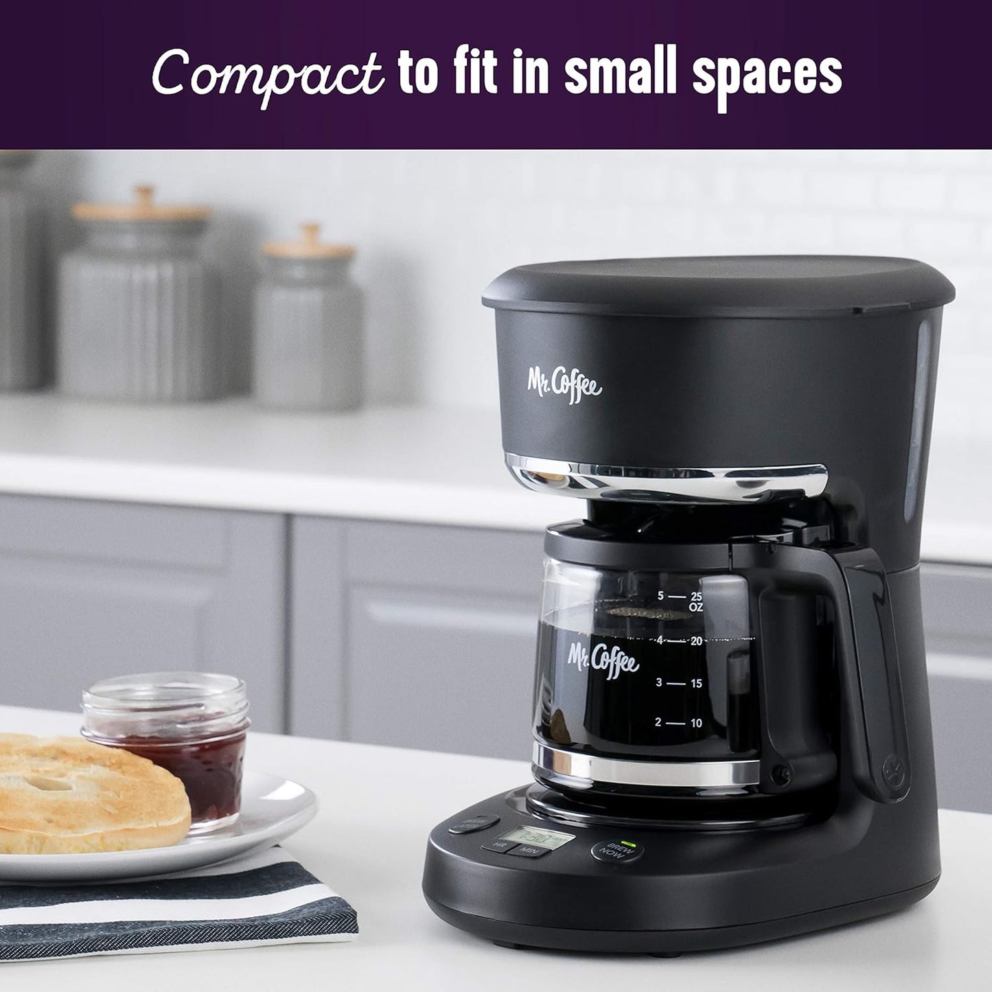Mr. Coffee 5-Cup Programmable Coffee Maker - Auto Pause Feature, Compact Design, Black