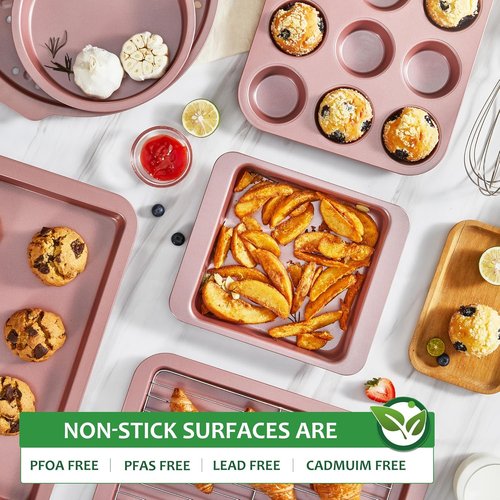 HONGBAKE Nonstick Bakeware Set - 10-Piece Kitchen Pans with Wider Grips | Includes Rack, Cookie Sheet, Cake Pans, Muffin Pan, Pizza Pan - Pink