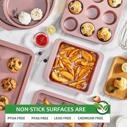 HONGBAKE Nonstick Bakeware Set - 10-Piece Kitchen Pans with Wider Grips | Includes Rack, Cookie Sheet, Cake Pans, Muffin Pan, Pizza Pan - Pink