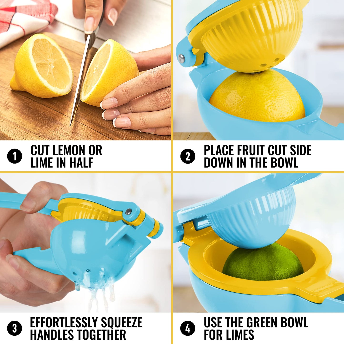 Zulay Metal 2-In-1 Lemon Squeezer Manual - Sturdy, Max Extraction Hand Juicer Lemon Squeezer Gets Every Last Drop - Easy to Clean Manual Citrus Juicer - Easy-to-Use Lemon Juicer Squeezer - Blue/Yellow