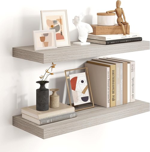 Heimlove 24-Inch Floating Shelves - Rustic Wood Wall-Mounted Bathroom & Home Decor | Set of 2, Grey