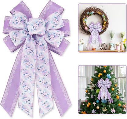 Spring Floral Wreath Bows - Purple Burlap Wired Bows with Lace for Weddings & Birthdays | Large Rustic Decor