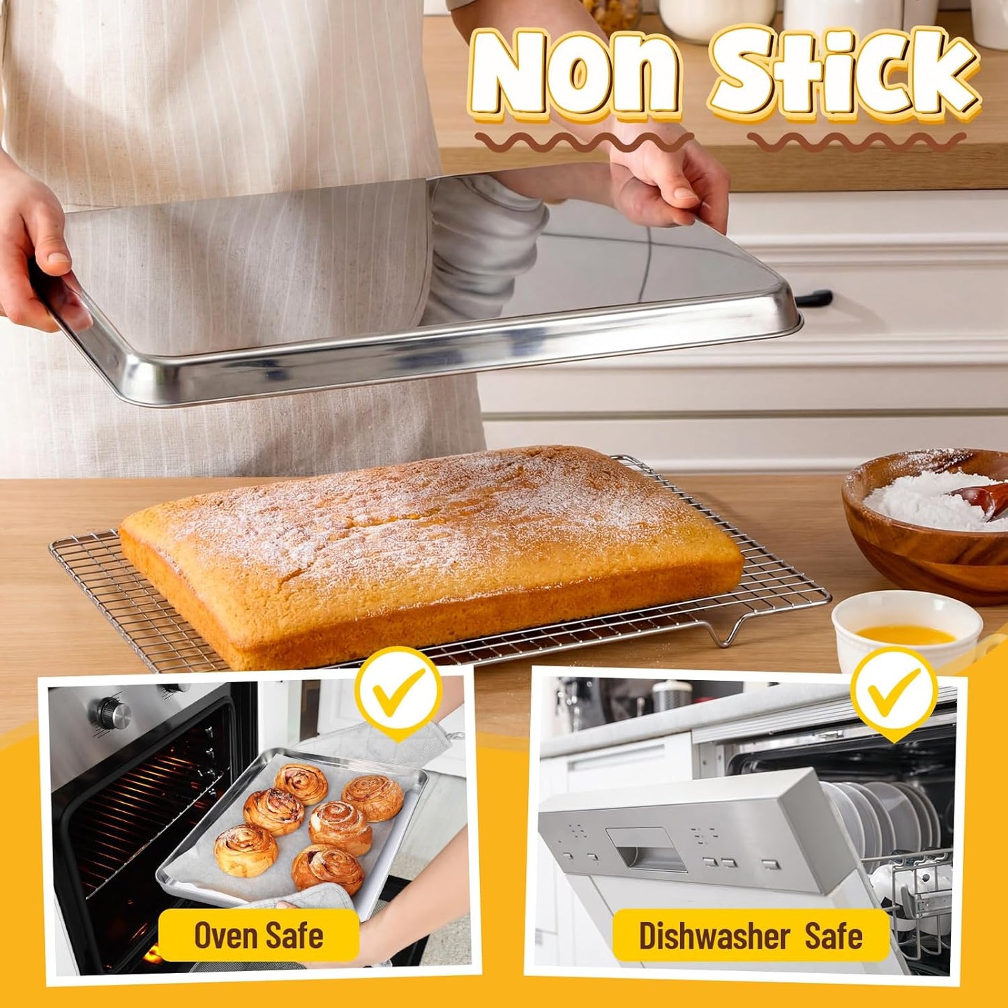 Skiennix Stainless Steel Baking Pans Set - 4 Pack Heavy Duty Cookie Sheets | Non-Stick, 16/18/20/24 Inch
