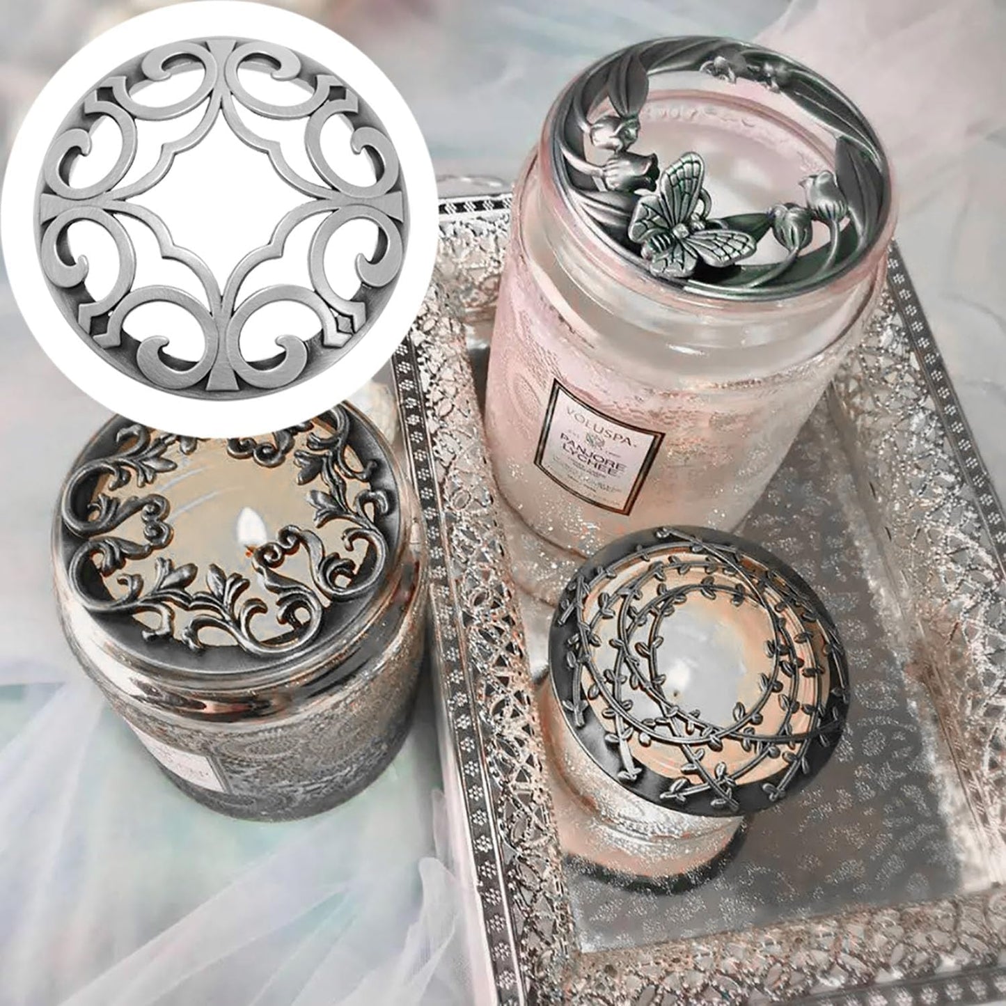Skiennix Candle Cover Toppers - Silver Aluminum Alloy for Large Jar Candles | 1 Piece