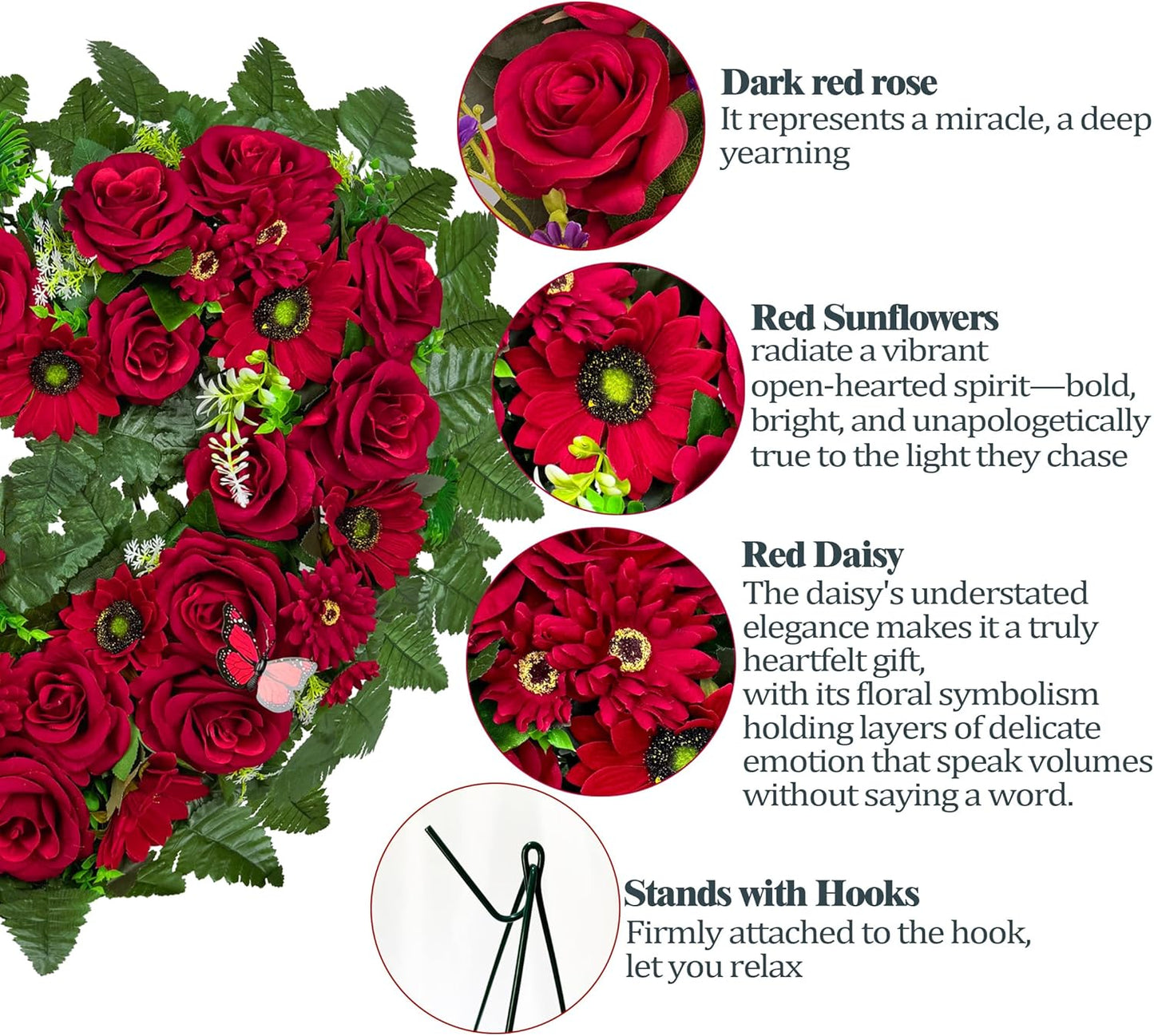 Regine Switzerland Cemetery Wreath - Heart-Shaped Memorial Floral with 30-Inch Easel Stand | Red Rose Design