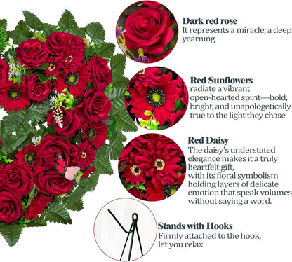 Regine Switzerland Cemetery Wreath - Heart-Shaped Memorial Floral with 30-Inch Easel Stand | Red Rose Design