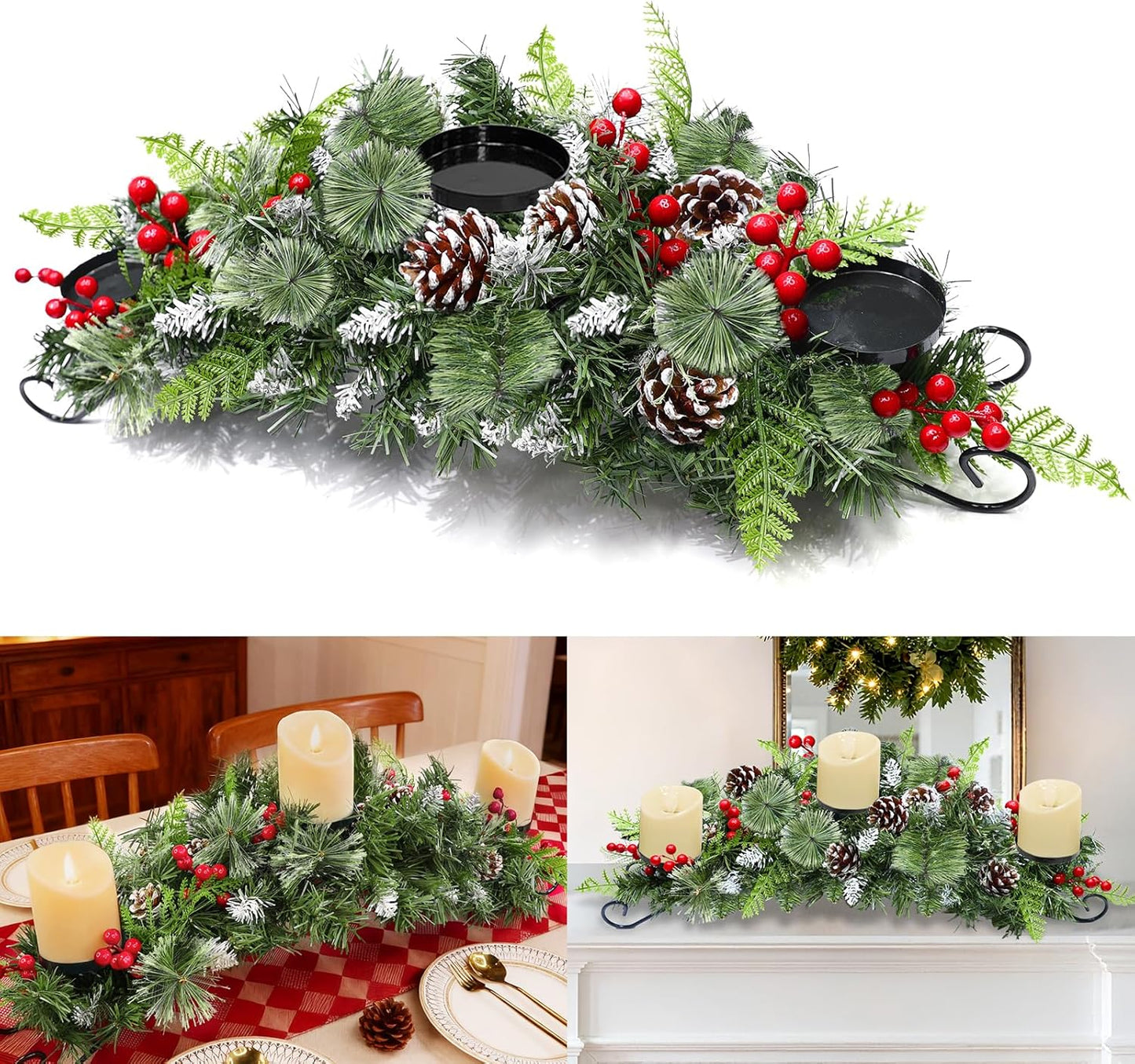 Regine Switzerland 30-Inch Christmas Table Centerpiece - 3 Candle Holders, Red Berry & Pinecone Decor