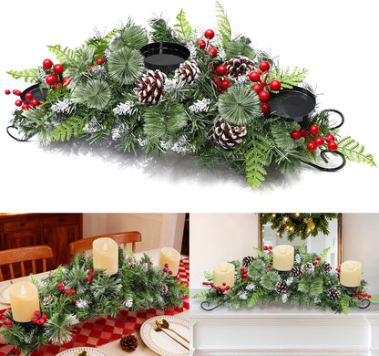Regine Switzerland 30-Inch Christmas Table Centerpiece - 3 Candle Holders, Red Berry & Pinecone Decor
