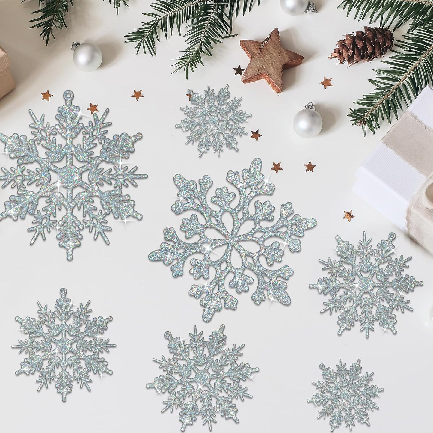 Skiennix 36-Piece Iridescent Silver Christmas Snowflake Ornaments - Sparkling Glitter Decor for Winter Wonderland Parties