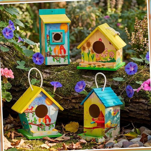 Liliful DIY Wooden Birdhouse Kit - 4 Pack Arts & Crafts Set with Paint & Brushes | Perfect for All Ages