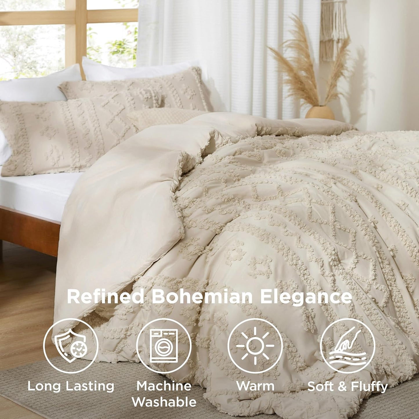 Bedsure Tufted Boho Comforter Set - Queen Size Beige Bedding | GentleSoft™ 3-Piece Farmhouse Embroidery Set