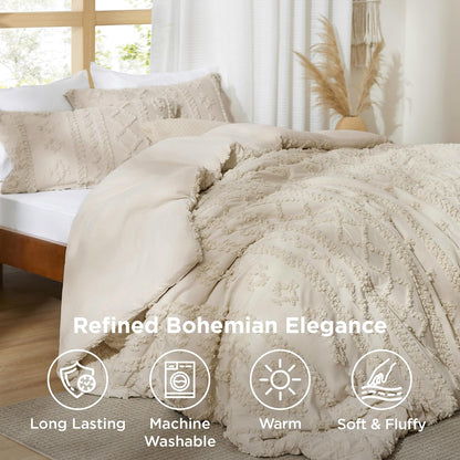 Bedsure Tufted Boho Comforter Set - Queen Size Beige Bedding | GentleSoft™ 3-Piece Farmhouse Embroidery Set