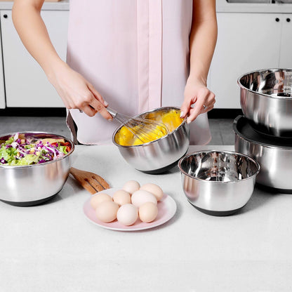 Wildone Mixing Bowls Set - Stainless Steel Nesting Bowls with Airtight Lids & Non-Slip Bottoms | 5 Sizes (1.5 to 8 QT)