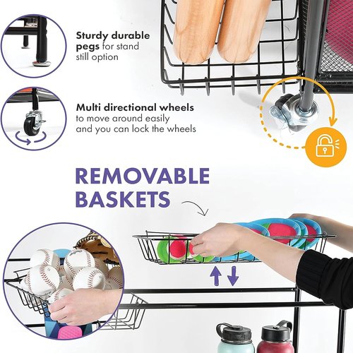 HOME IT Garage Sports Equipment Organizer - Heavy-Duty Ball Storage Rack with Rolling Wheels & Baskets | Large Capacity