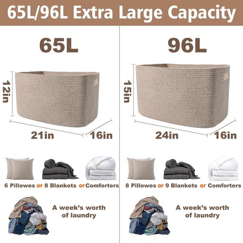 JMvicyroam Woven Blanket Basket - 65L Large Storage Bin for Toys, Clothes & Blankets | Oatmeal Color
