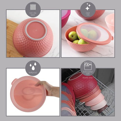 COOK WITH COLOR Mixing Bowls Set - 12-Piece Microwave Safe Nesting Bowls with Lids, Rose Embossed