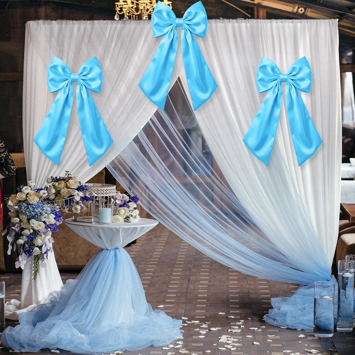Suncalla Large Sky Blue Satin Bow Decorations - 3 Pcs | 2 ft Hanging Wall Decor for Weddings & Parties