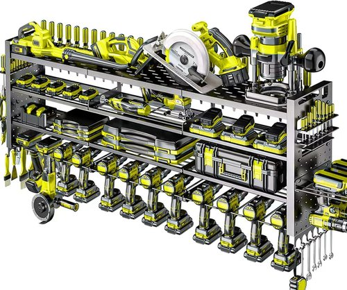 Heavy Duty Tool Organizer by 49.8" W - Wall Mount with 14 Cordless Drill Holders | 4-Layer Garage Storage Rack in Black