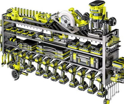 Heavy Duty Tool Organizer by 49.8" W - Wall Mount with 14 Cordless Drill Holders | 4-Layer Garage Storage Rack in Black