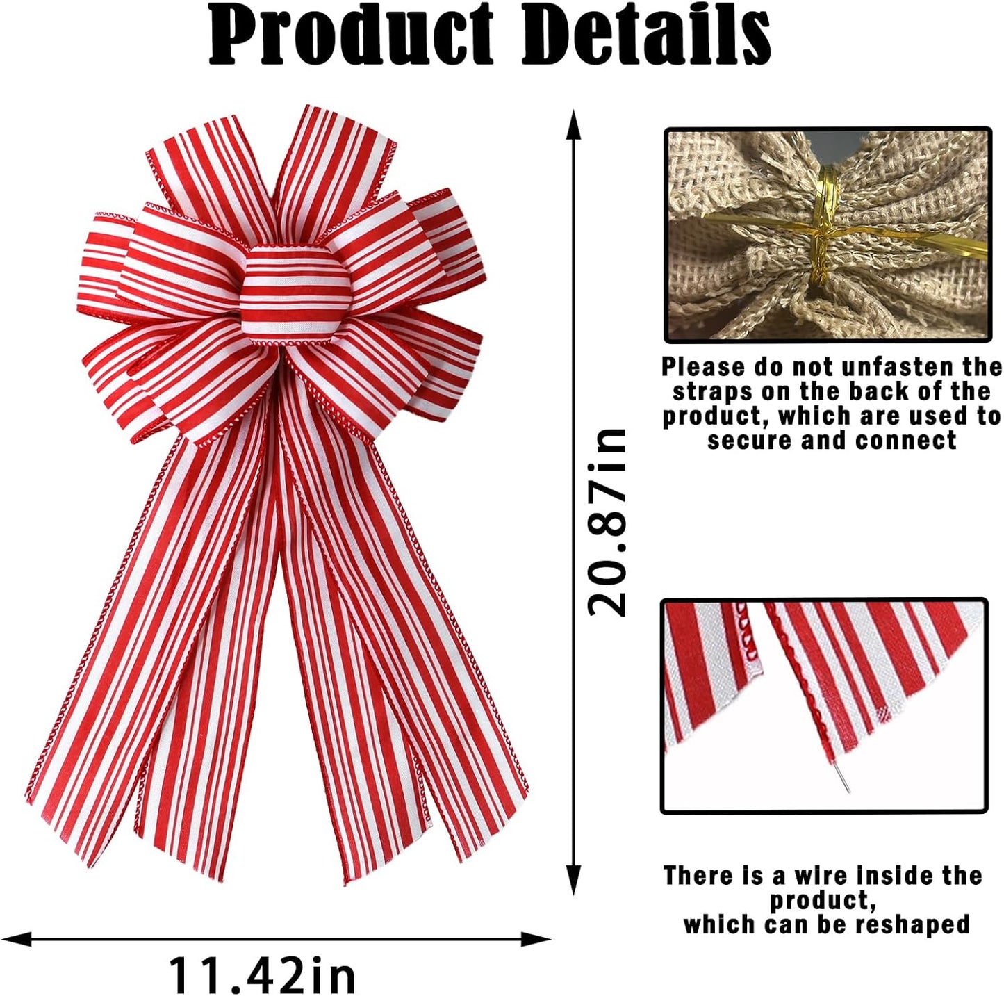 Regine Switzerland Fall Red & White Stripes Wreath Bow - Christmas Burlap Decor for Front Door | Holiday & Thanksgiving Home Accessories