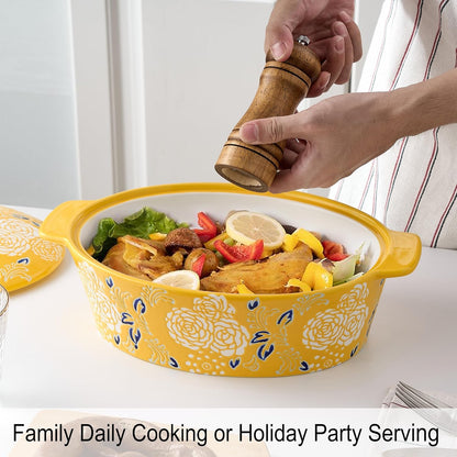 Skiennix Ceramic Casserole Dish With Lid - Versatile Oval Baking Pan for Lasagna & Bread - Yellow