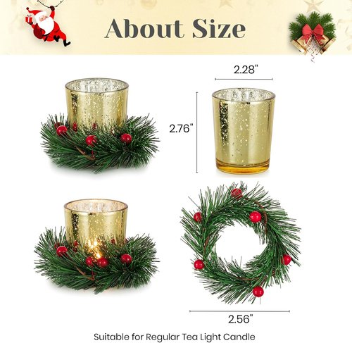 Hewory Tealight Candle Holders - Set of 6 Decorative Gold Holders with Xmas Wreath | Perfect for Holiday Centerpieces
