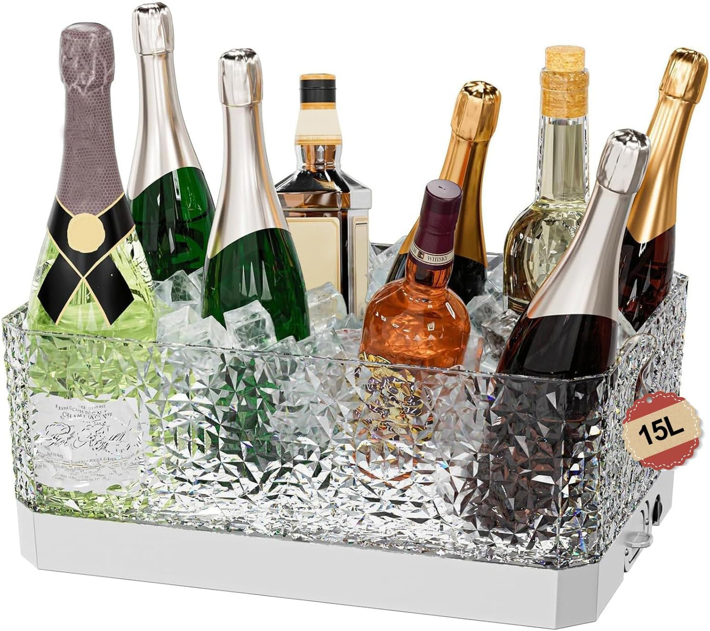 Plastic Ice Bucket for Parties, 15Liter / 4 Gallon Big Large Clear Beverage Tub for Champagne Beer Drink Wine Cocktails Bar, Hosting Party Essentials, LED Light Up, Rectangular, Leakproof