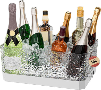 Plastic Ice Bucket for Parties, 15Liter / 4 Gallon Big Large Clear Beverage Tub for Champagne Beer Drink Wine Cocktails Bar, Hosting Party Essentials, LED Light Up, Rectangular, Leakproof