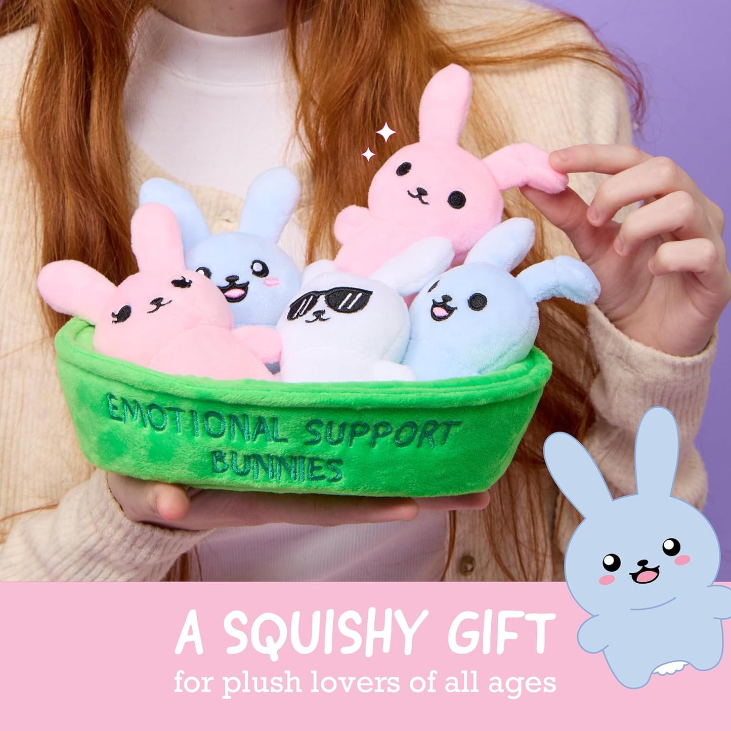 WHAT DO YOU MEME? Emotional Support Bunnies - Cuddly Plush Toys for All Ages | Set of 5 with Basket