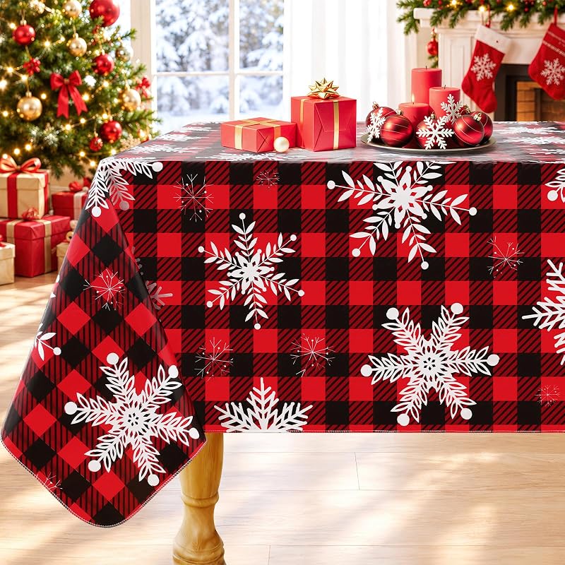 Smiry Waterproof Vinyl Tablecloth with Flannel Backing 60x102 Black & Red - Rectangular Snowflake Xmas