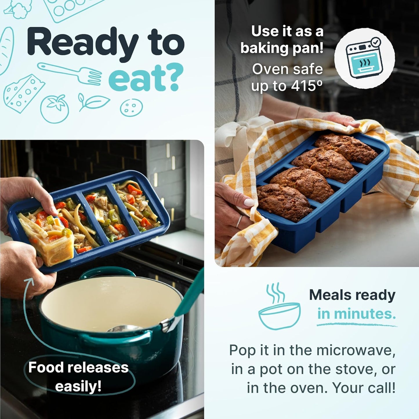 Souper Cubes Silicone Freezer Molds - Meal Prep Gift Set with 2 Tbsp, 1/2, 1, & 2 Cup Trays - Blueberry