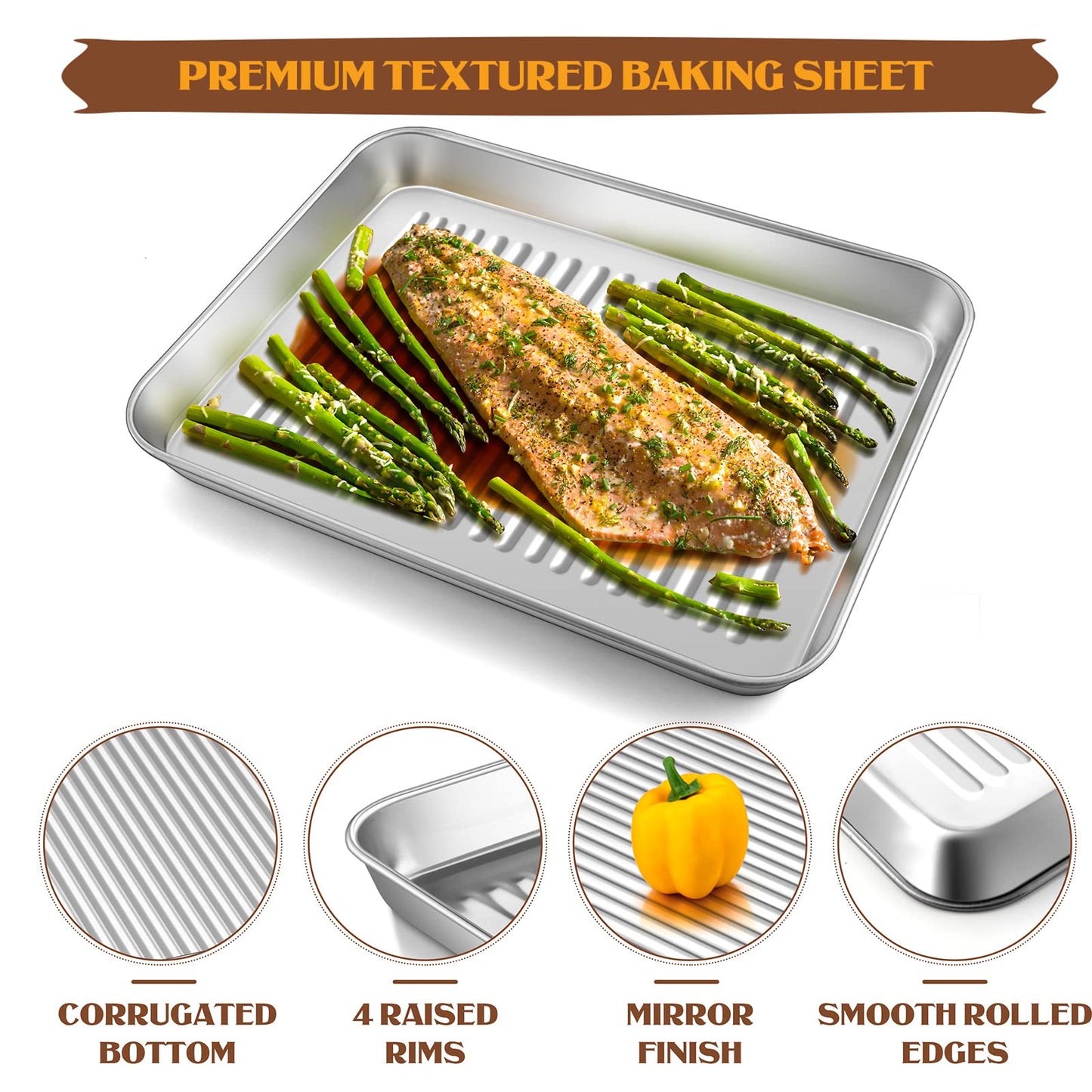 Mini Stainless Steel Baking Sheet with Wire Rack Set, E-far 9.4”x7.3” Small Cookie Sheet Broiling Pan for Toaster Oven, Textured Metal Tray for Cooking/Roasting, Non-toxic & Dishwasher Safe